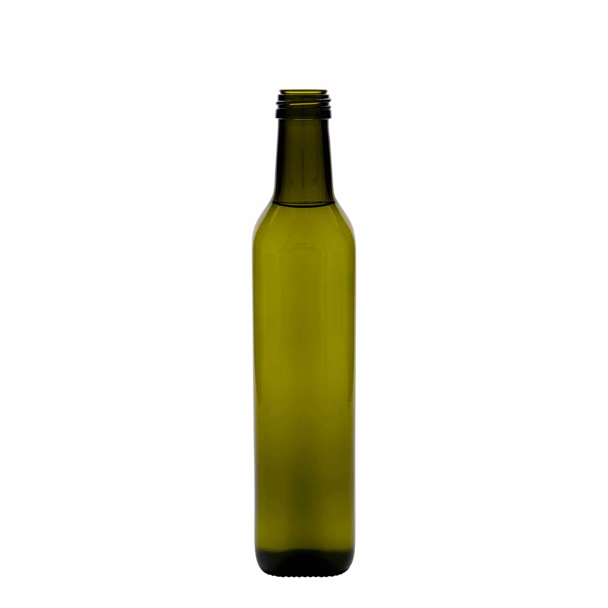 Sticlă din sticlă de 500 ml „Marasca”, pătrată, verde antic, închidere: PP 31,5