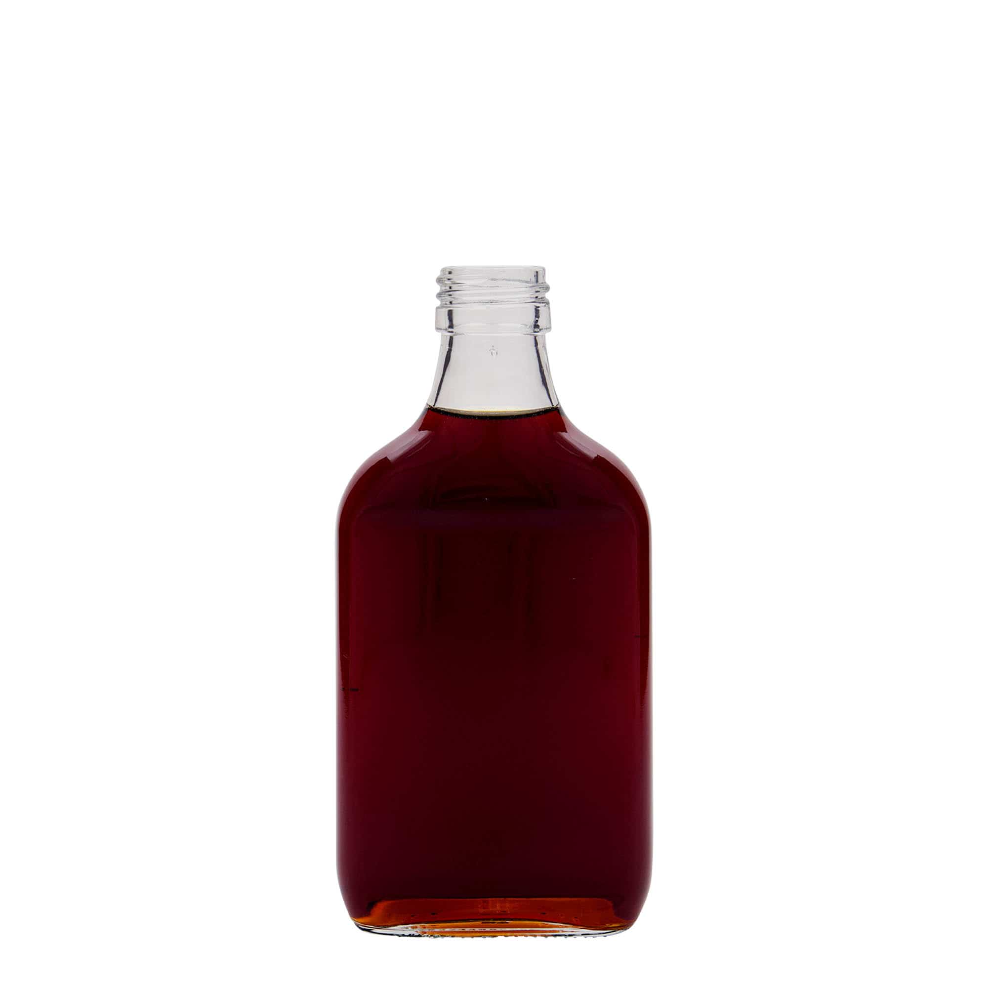 Sticlă plată de buzunar de 200 ml, dreptunghiulară, sticlă, închidere: PP 28