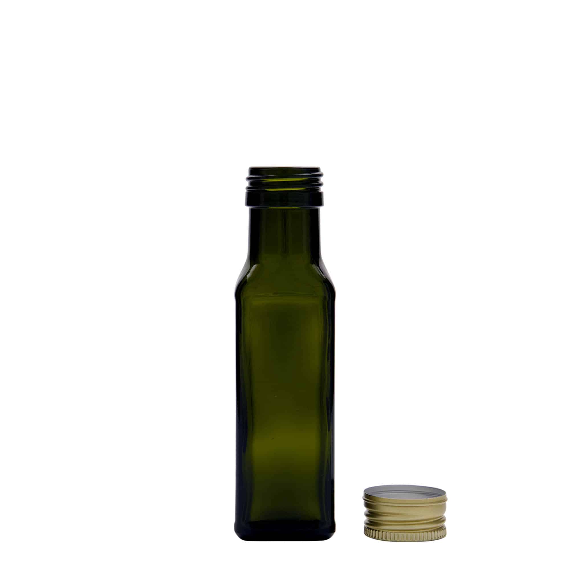 Sticlă din sticlă de 100 ml „Marasca”, pătrată, verde antic, închidere: PP 31,5