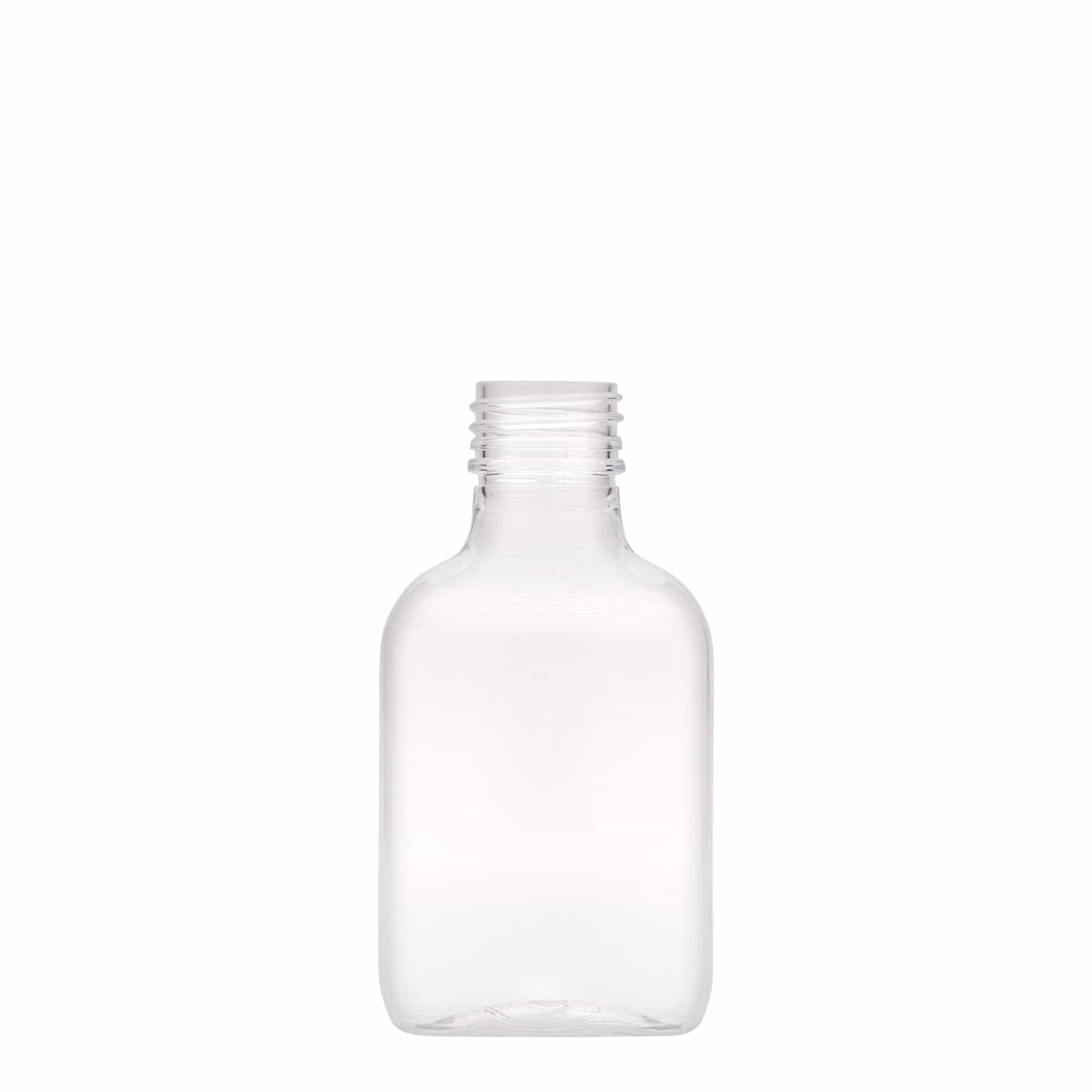 Sticlă plată de buzunar de 100 ml, ovală, material plastic PET, închidere: PP 28