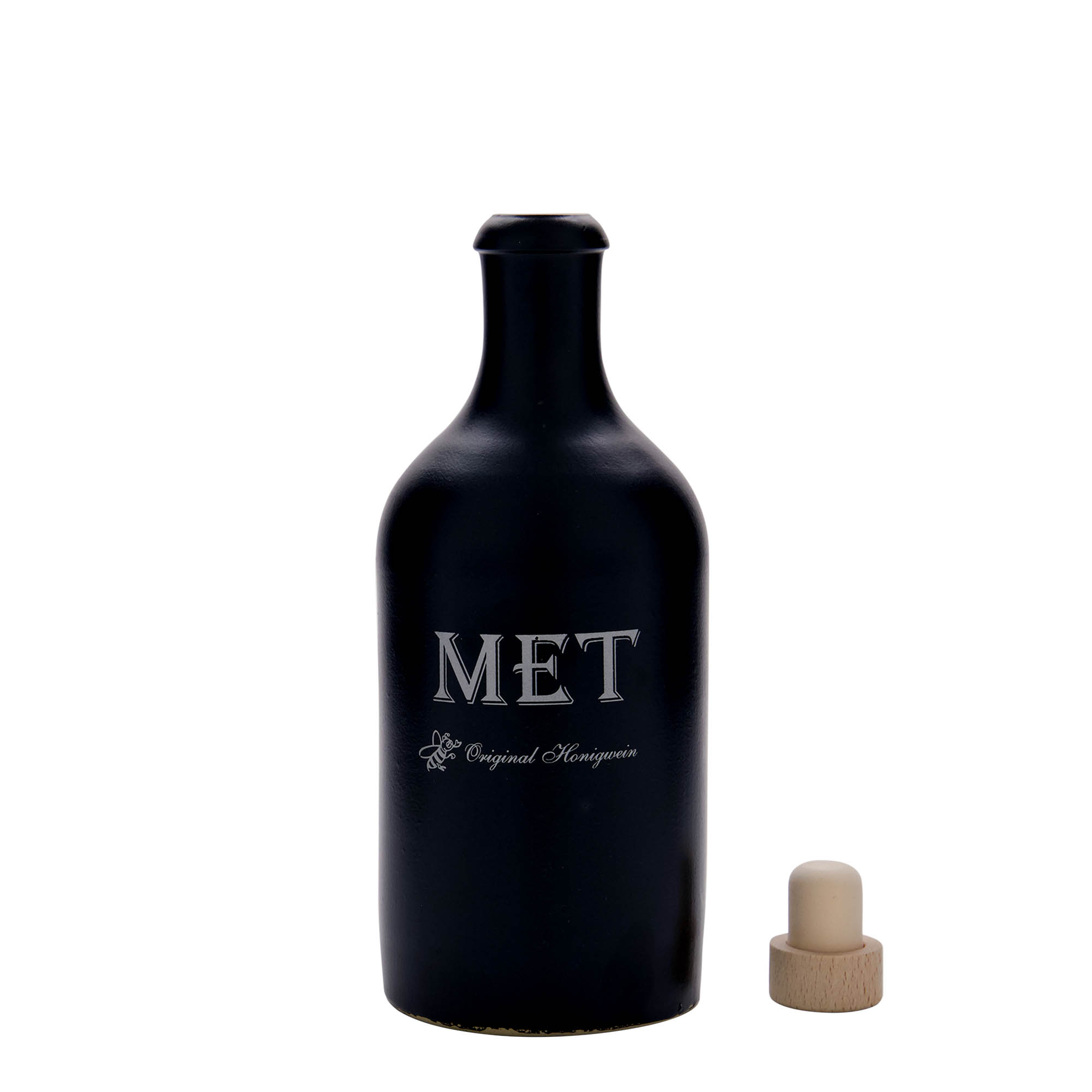 Ulcior de lut de 500 ml, motiv decorativ: Mied, ceramică, negru, închidere: Dop de plută