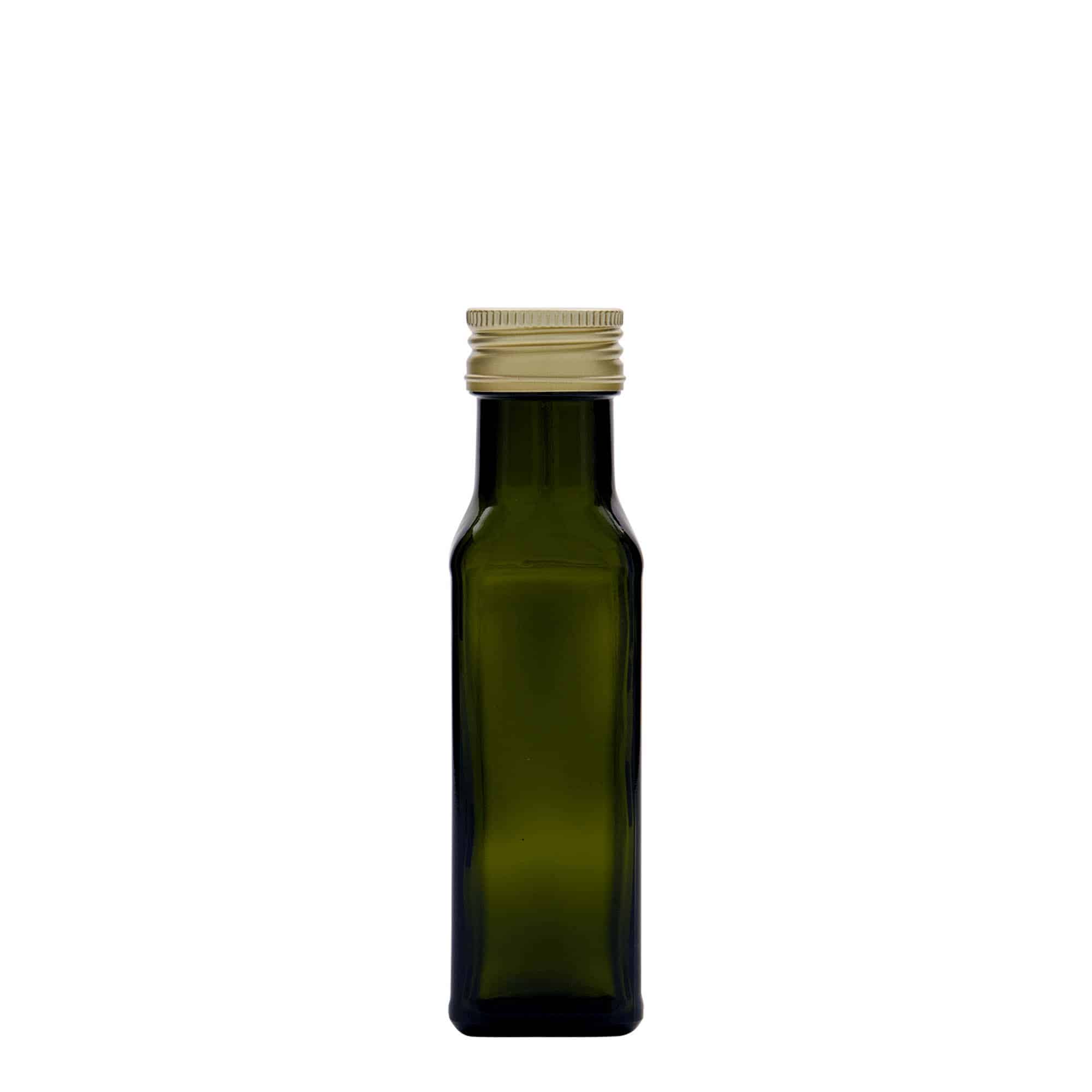 Sticlă din sticlă de 100 ml „Marasca”, pătrată, verde antic, închidere: PP 31,5