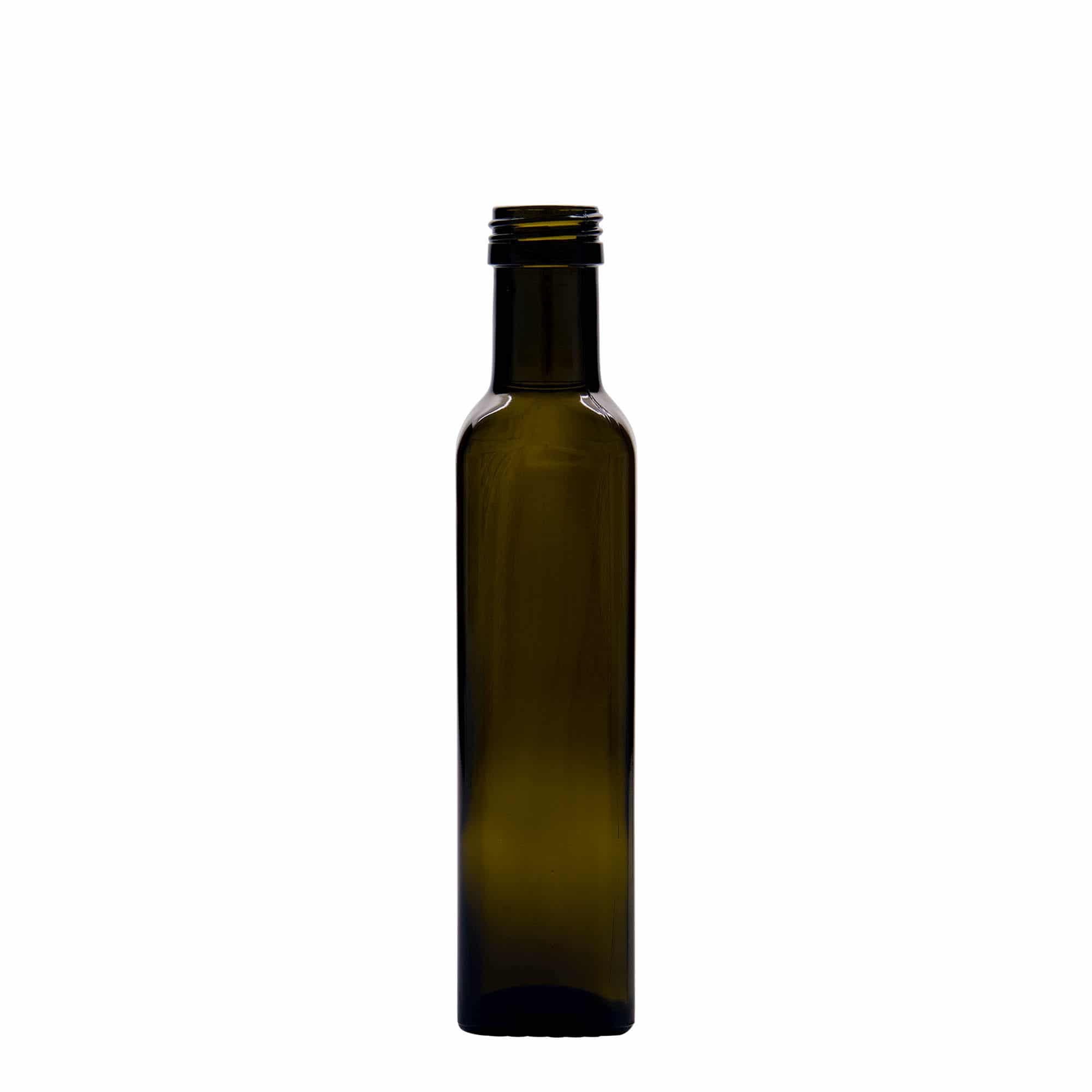 Sticlă din sticlă de 250 ml „Marasca”, pătrată, verde antic, închidere: PP 31,5