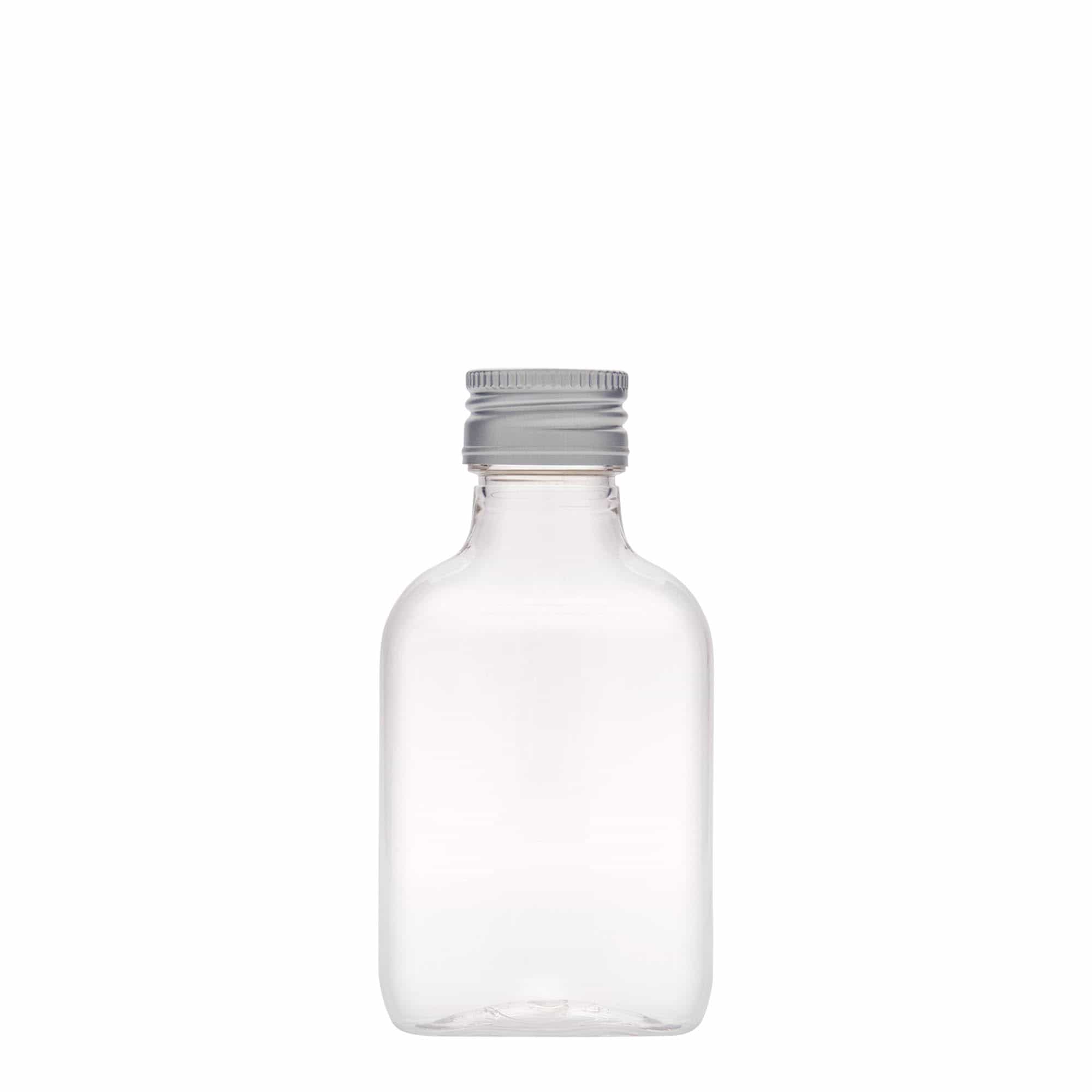 Sticlă plată de buzunar de 100 ml, ovală, material plastic PET, închidere: PP 28