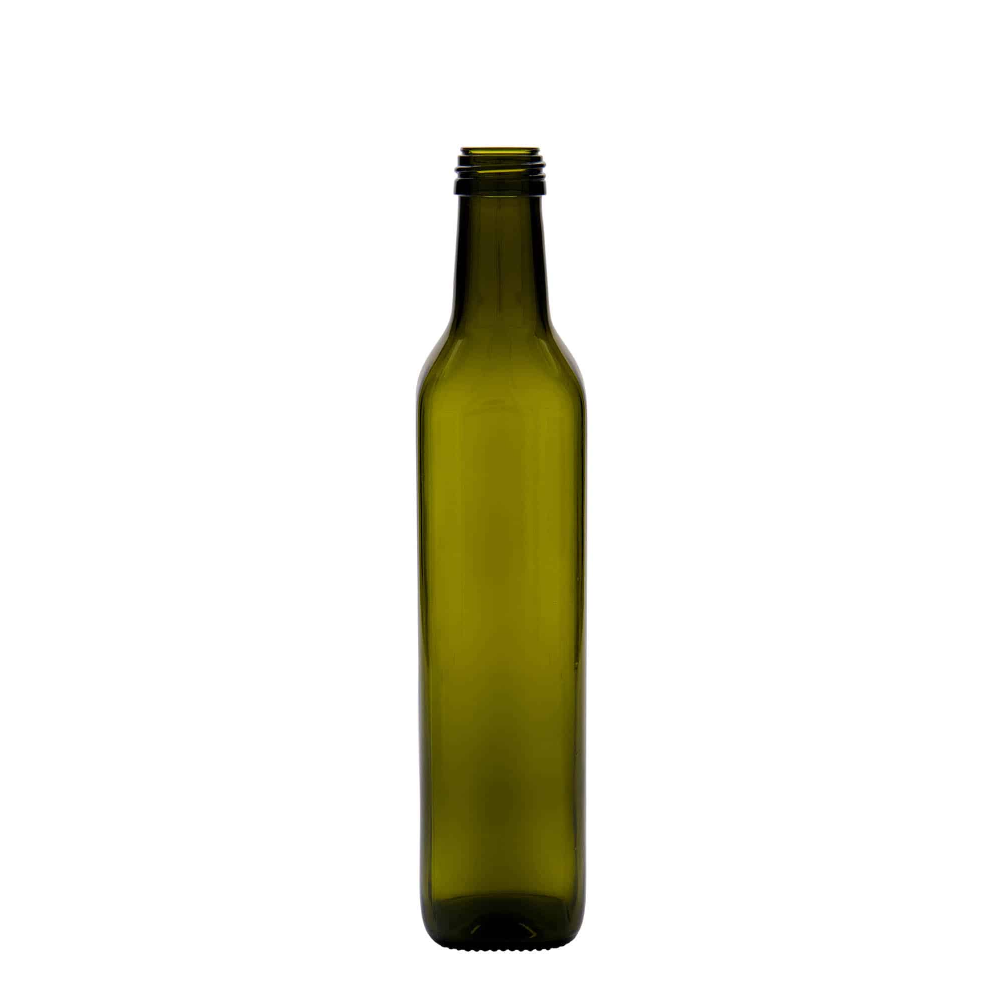 Sticlă din sticlă de 500 ml „Marasca”, pătrată, verde antic, închidere: PP 31,5