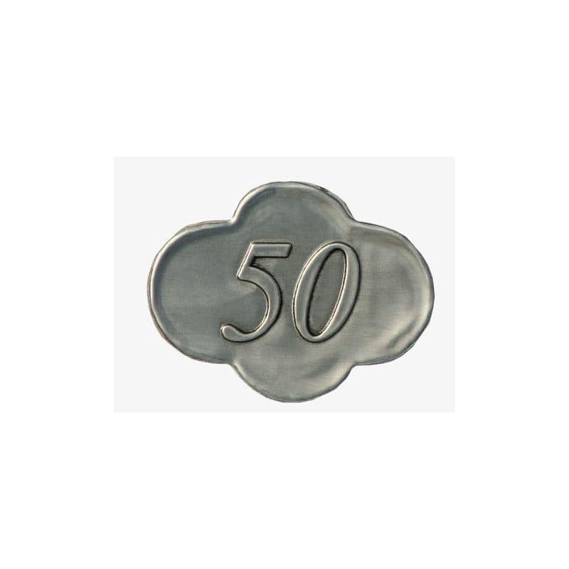 Etichetă din staniu „50”, metal, argintie