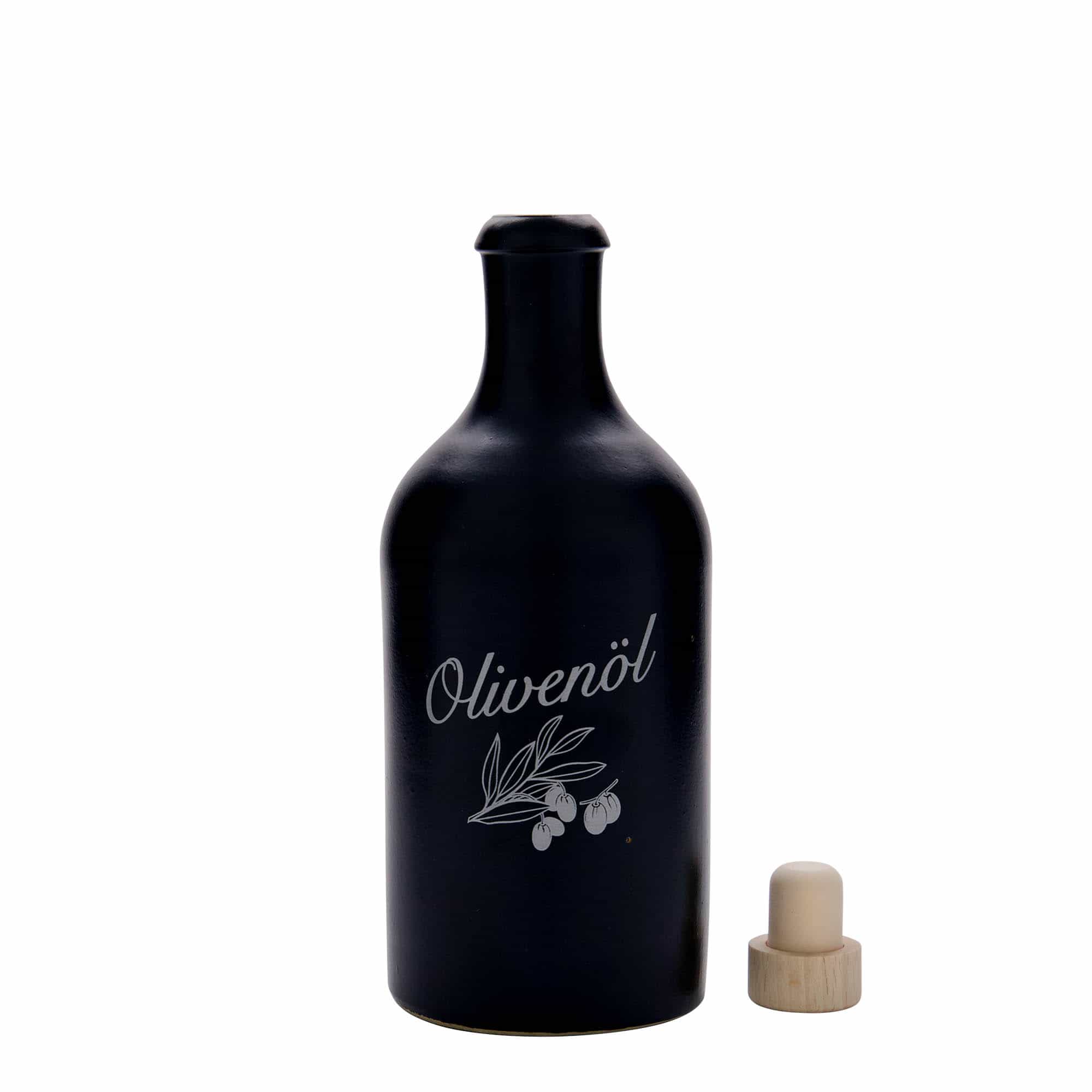 Ulcior de lut de 500 ml, motiv decorativ: Ulei de măsline, ceramică, negru, închidere: Dop de plută