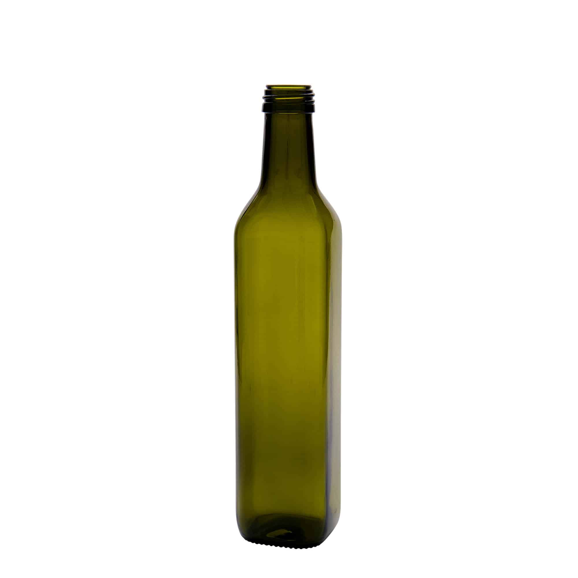 Sticlă din sticlă de 500 ml „Marasca”, pătrată, verde antic, închidere: PP 31,5