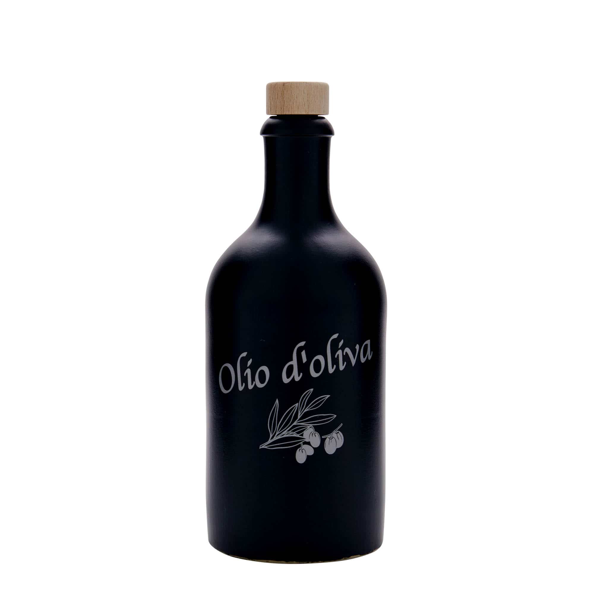 Ulcior de lut de 500 ml, motiv decorativ: Olio d'Oliva, ceramică, negru, închidere: Dop de plută