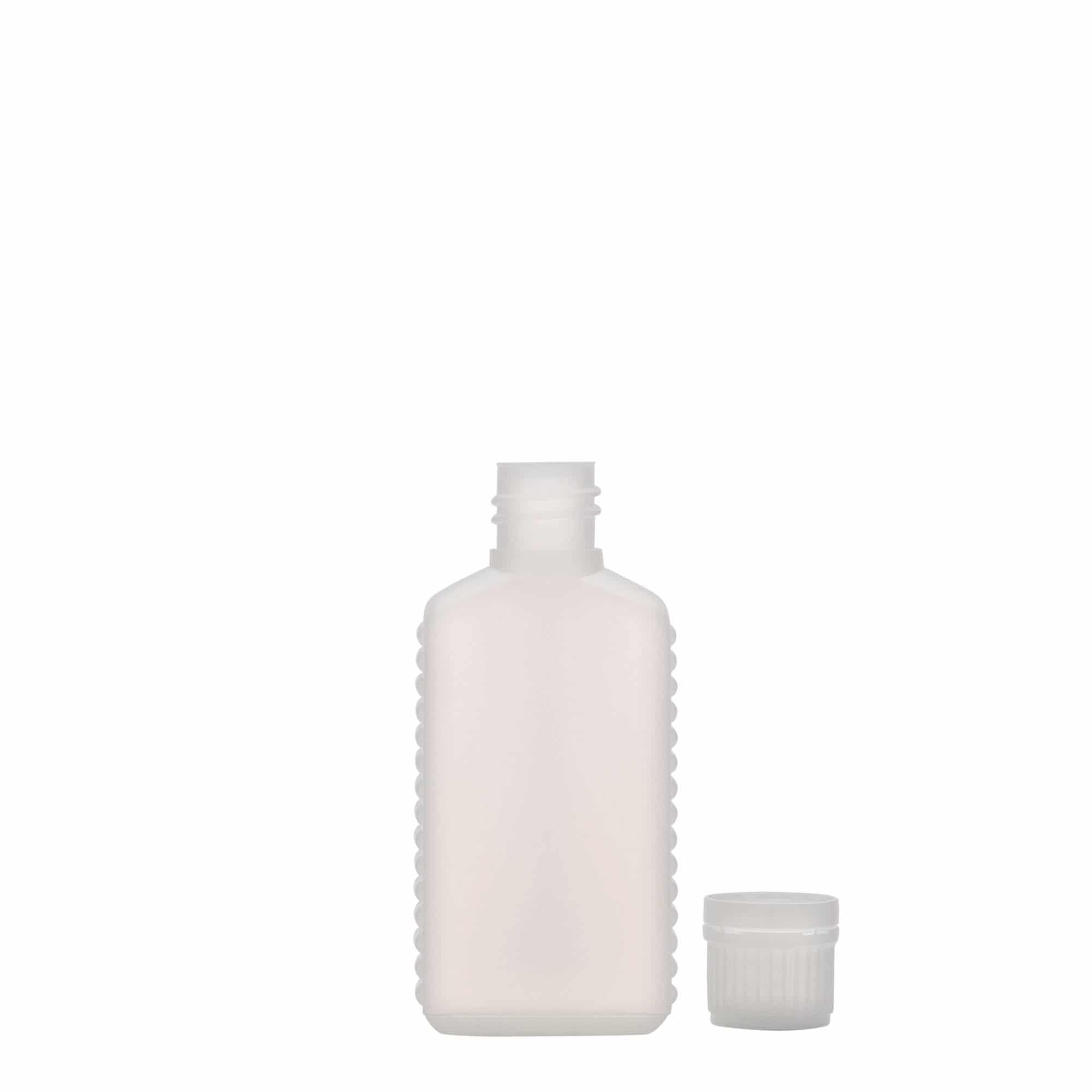 Bidon cu gâtul îngust de 50 ml, dreptunghiulară, material plastic HDPE, natur, închidere: DIN 18