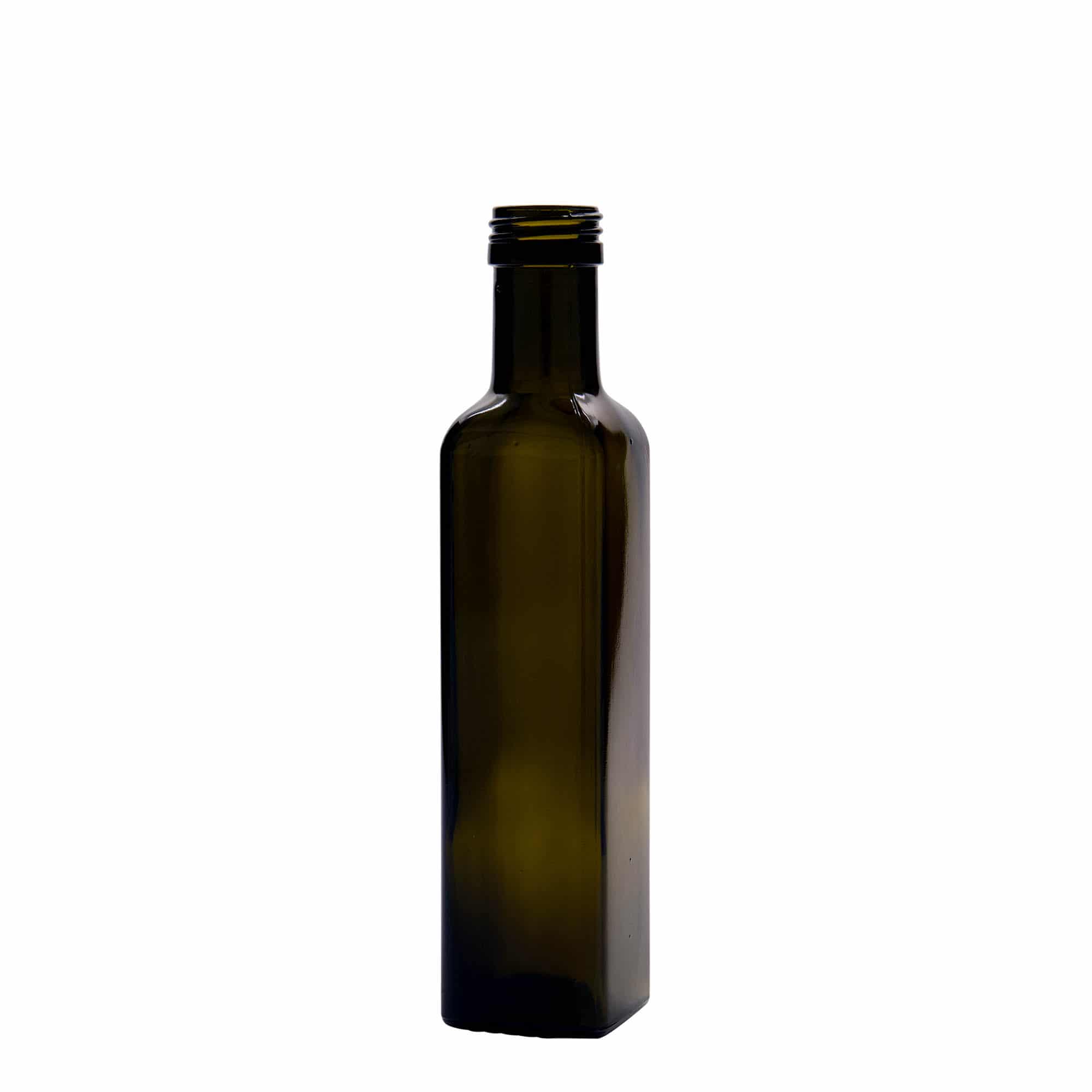 Sticlă din sticlă de 250 ml „Marasca”, pătrată, verde antic, închidere: PP 31,5