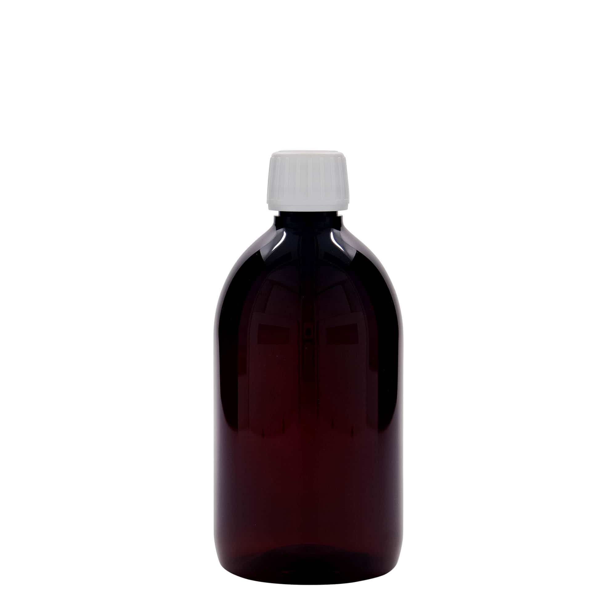 Sticlă medicinală PET de 500 ml, maro, material plastic, închidere: PP 28