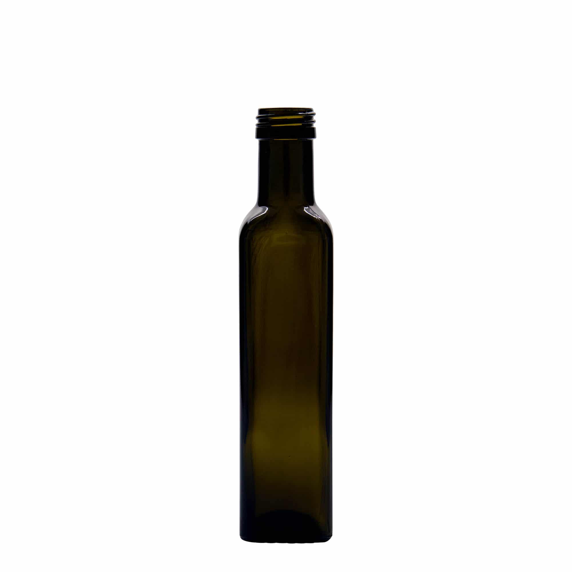 Sticlă din sticlă de 250 ml „Marasca”, pătrată, verde antic, închidere: PP 31,5