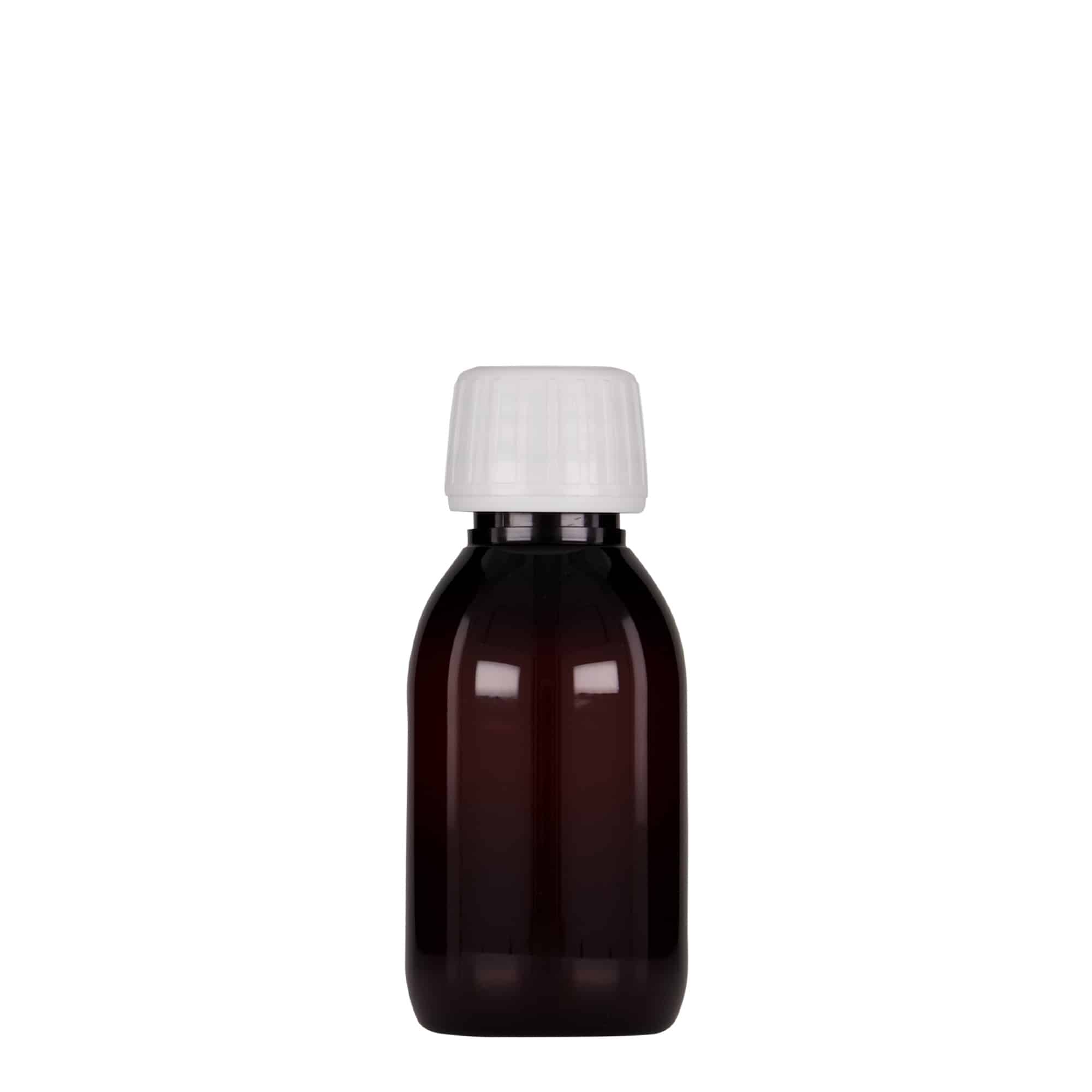 Sticlă medicinală PET de 100 ml, maro, material plastic, închidere: PP 28