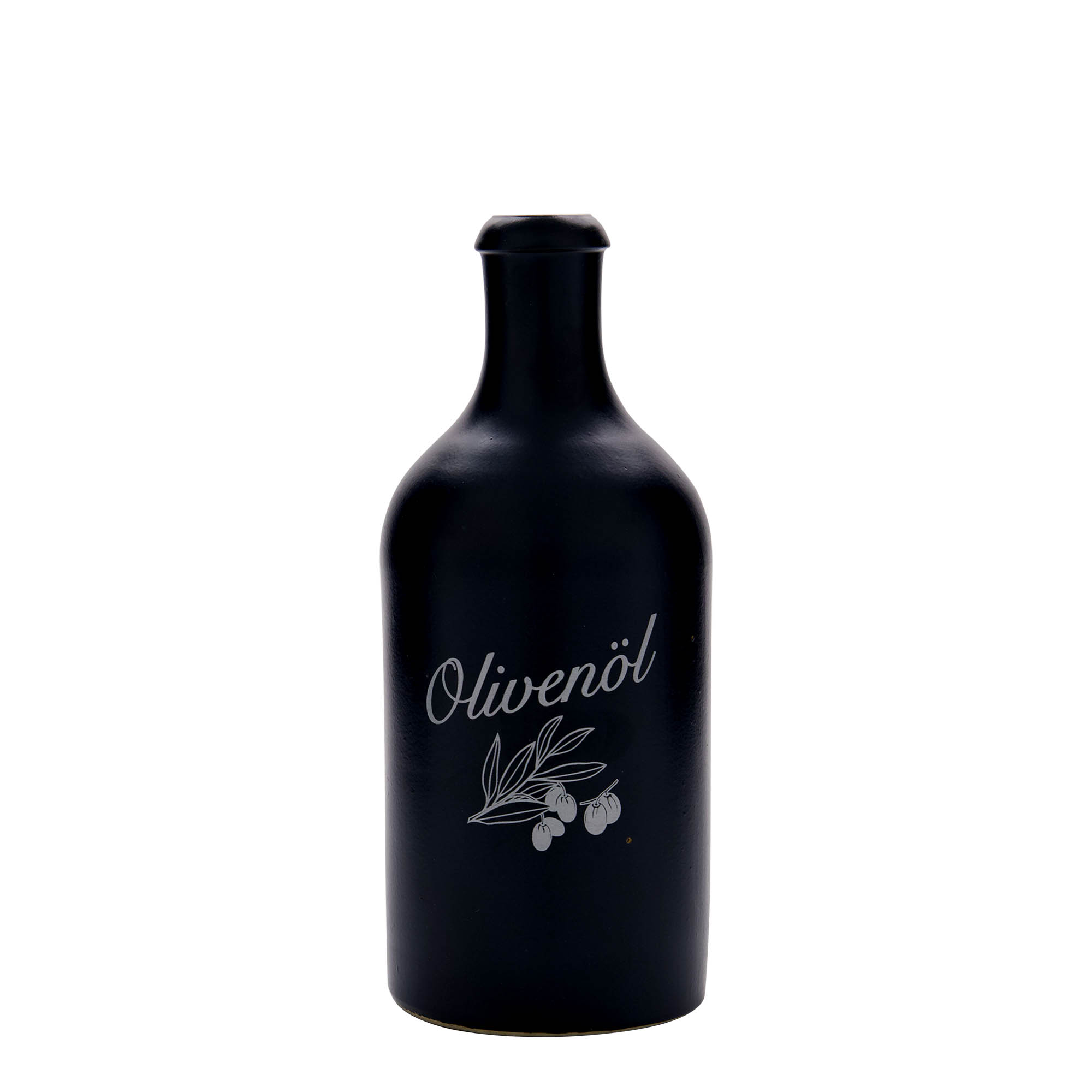 Ulcior de lut de 500 ml, motiv decorativ: Ulei de măsline, ceramică, negru, închidere: Dop de plută